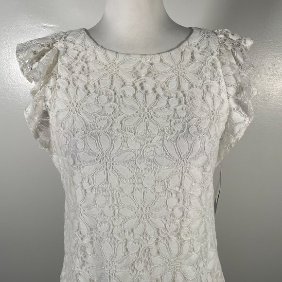 London Times White Crew Neck Floral Lace Short Flutter Sleeves Shift Dress 4 NWT - Picture 3 of 16